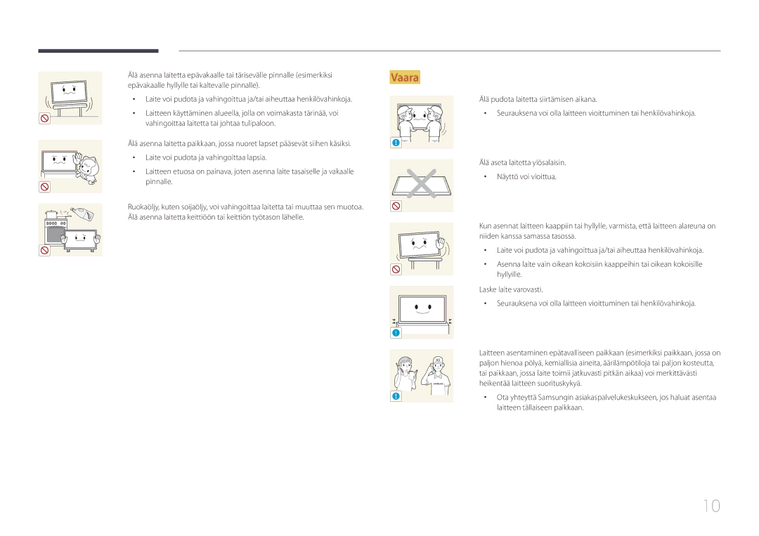 Samsung LH46OHDPKBC/EN, LH55OHDPKBC/EN, LH46OHDPKBC/XU manual Laite voi pudota ja vahingoittaa lapsia, Pinnalle 