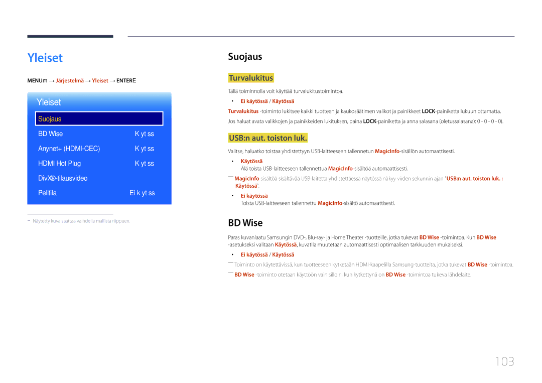 Samsung LH46OHDPKBC/EN, LH55OHDPKBC/EN, LH46OHDPKBC/XU manual Yleiset, 103, Suojaus, BD Wise 