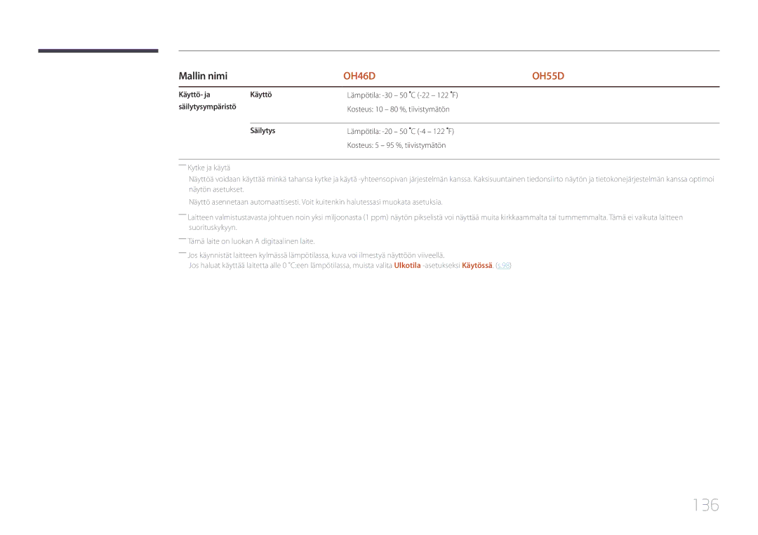 Samsung LH46OHDPKBC/EN, LH55OHDPKBC/EN, LH46OHDPKBC/XU manual 136, Käyttö- ja, Säilytysympäristö 