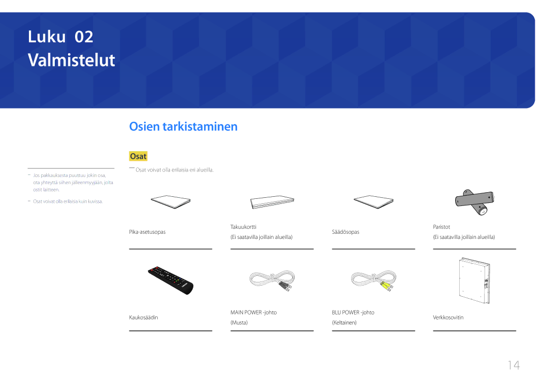 Samsung LH46OHDPKBC/XU, LH55OHDPKBC/EN, LH46OHDPKBC/EN manual Valmistelut, Osien tarkistaminen, Osat 