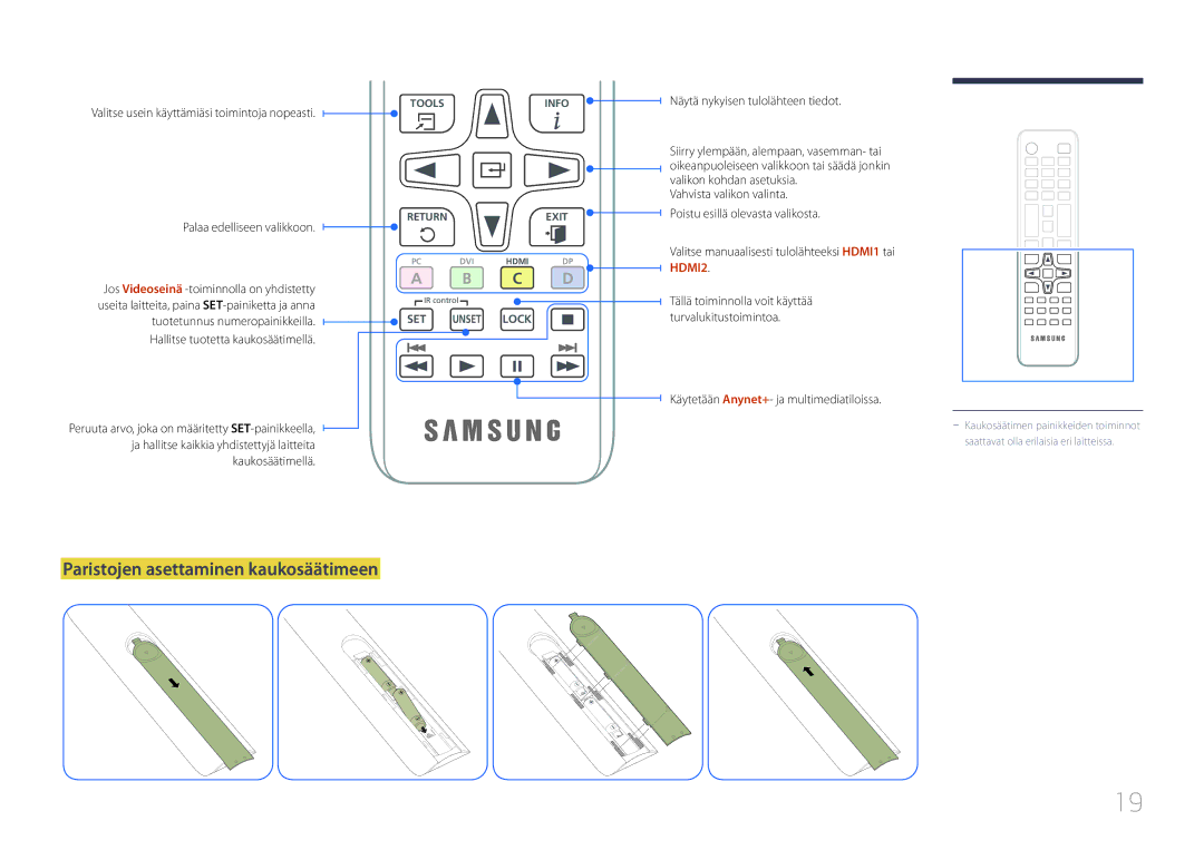 Samsung LH46OHDPKBC/EN, LH55OHDPKBC/EN manual Paristojen asettaminen kaukosäätimeen, Näytä nykyisen tulolähteen tiedot 