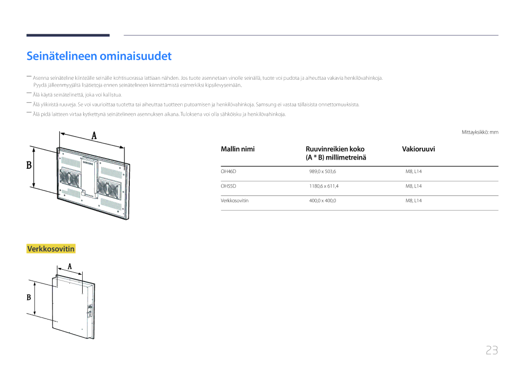 Samsung LH46OHDPKBC/XU Seinätelineen ominaisuudet, Verkkosovitin, Mallin nimi Ruuvinreikien koko Vakioruuvi Millimetreinä 