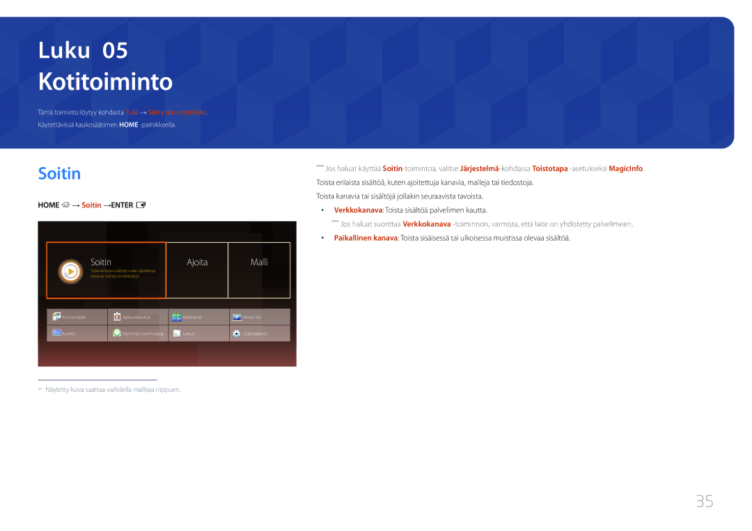 Samsung LH46OHDPKBC/XU, LH55OHDPKBC/EN, LH46OHDPKBC/EN manual Kotitoiminto, Ajoita Malli, Home → Soitin →ENTER E 