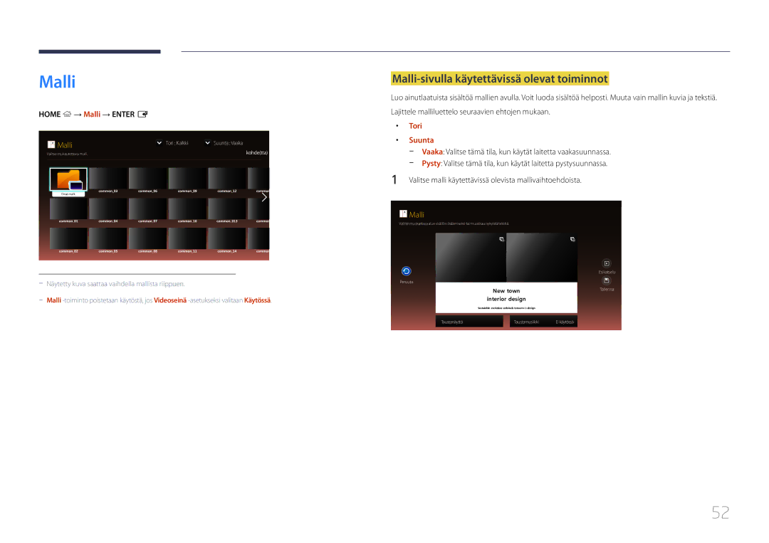 Samsung LH46OHDPKBC/EN manual Malli-sivulla käytettävissä olevat toiminnot, Home → Malli → Enter E, Tori, Suunta 