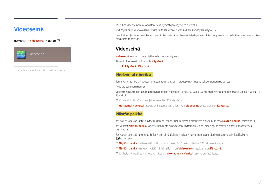 Samsung LH55OHDPKBC/EN, LH46OHDPKBC/EN, LH46OHDPKBC/XU manual Videoseinä, Horizontal x Vertical, Näytön paikka 