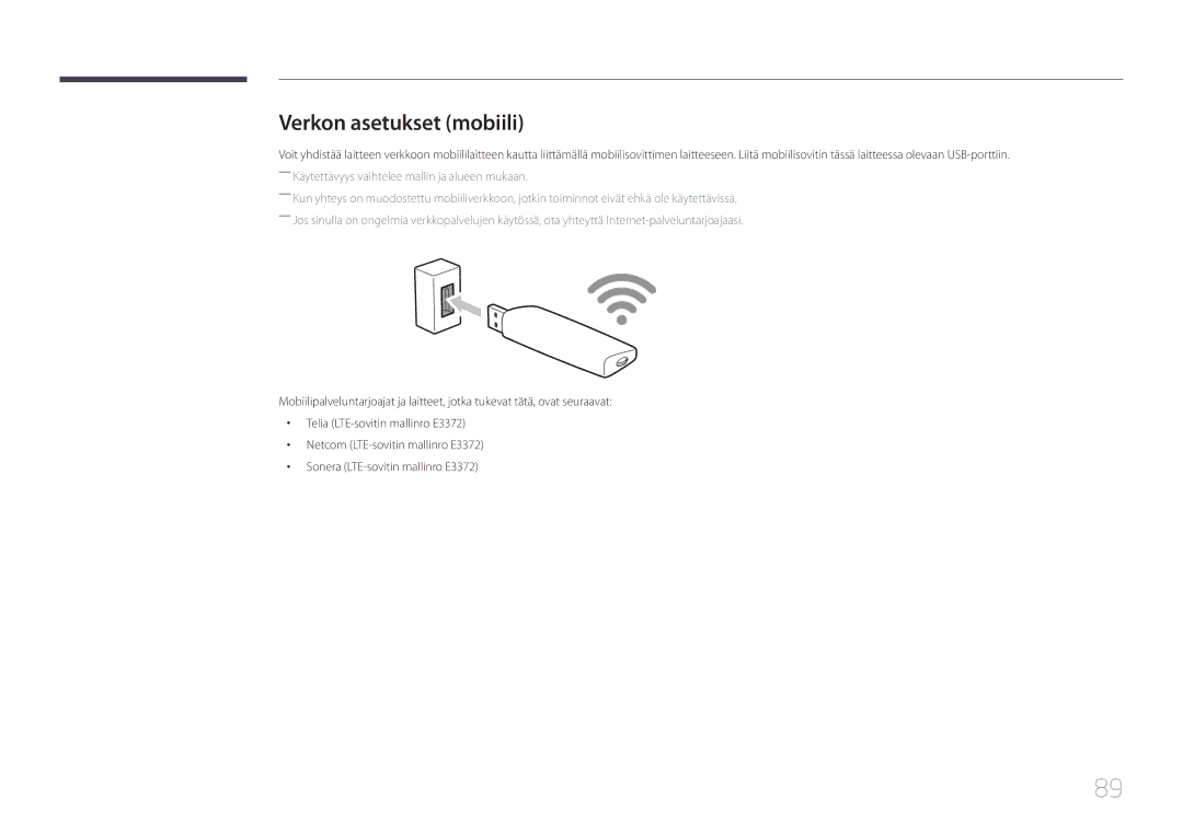 Samsung LH46OHDPKBC/XU, LH55OHDPKBC/EN, LH46OHDPKBC/EN manual Verkon asetukset mobiili 