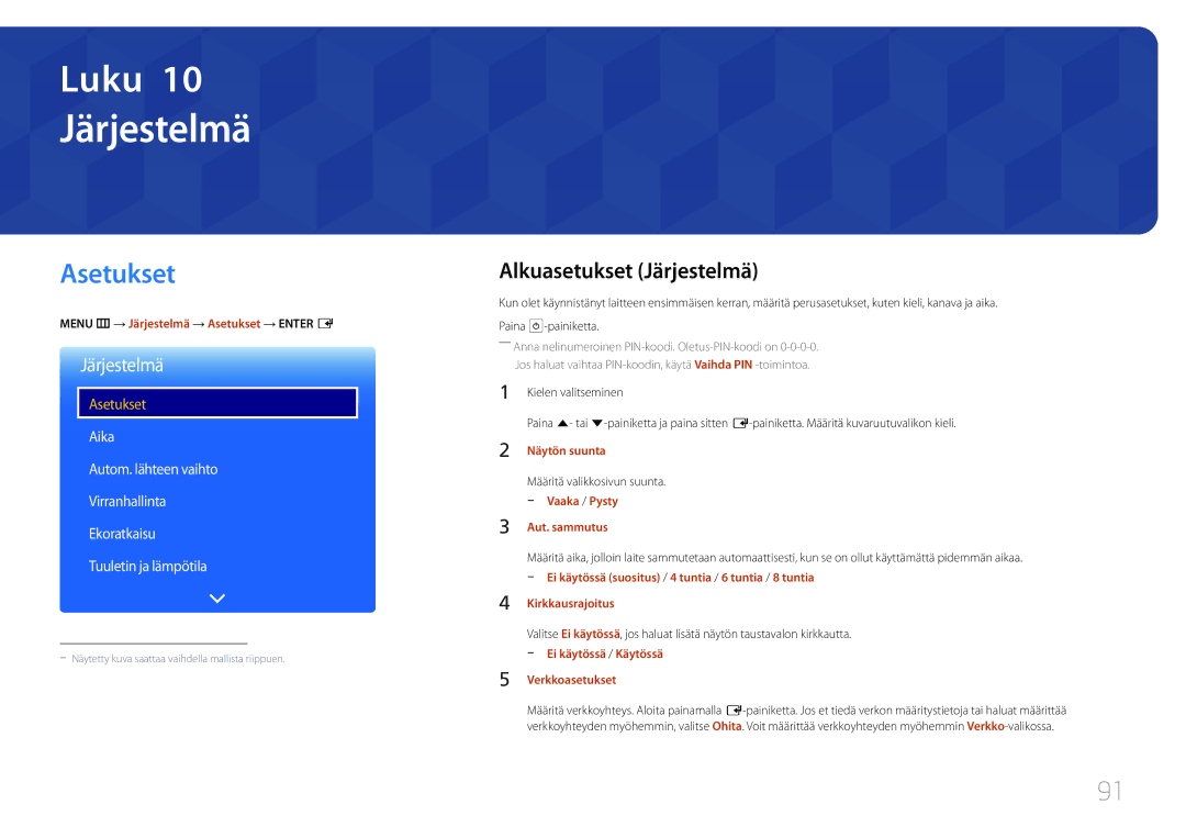 Samsung LH46OHDPKBC/EN, LH55OHDPKBC/EN, LH46OHDPKBC/XU manual Asetukset, Alkuasetukset Järjestelmä 