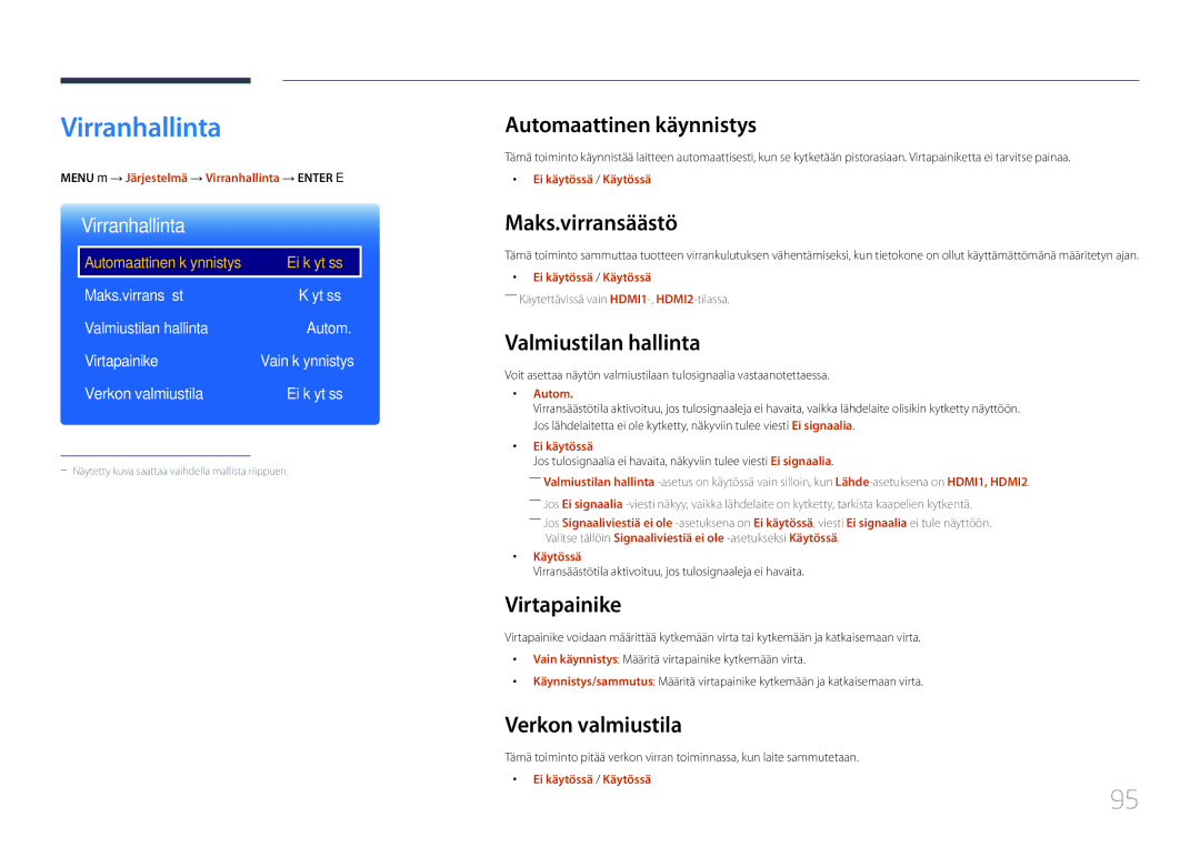 Samsung LH46OHDPKBC/XU, LH55OHDPKBC/EN, LH46OHDPKBC/EN manual Virranhallinta 