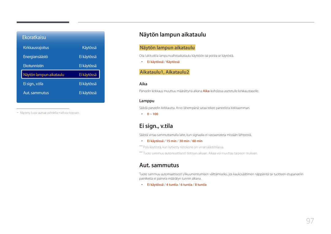 Samsung LH46OHDPKBC/EN, LH55OHDPKBC/EN Näytön lampun aikataulu, Ei sign., v.tila, Aut. sammutus, Aikataulu1, Aikataulu2 