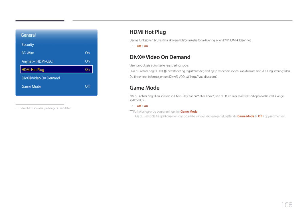 Samsung LH55OHDPKBC/EN, LH46OHDPKBC/EN, LH46OHDPKBC/XU manual 108, Hdmi Hot Plug, DivX Video On Demand, Game Mode 