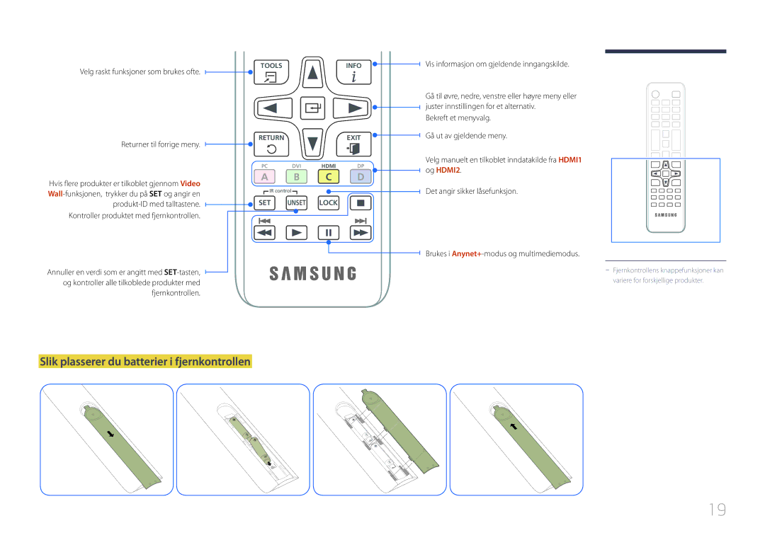 Samsung LH46OHDPKBC/EN manual Slik plasserer du batterier i fjernkontrollen, Vis informasjon om gjeldende inngangskilde 