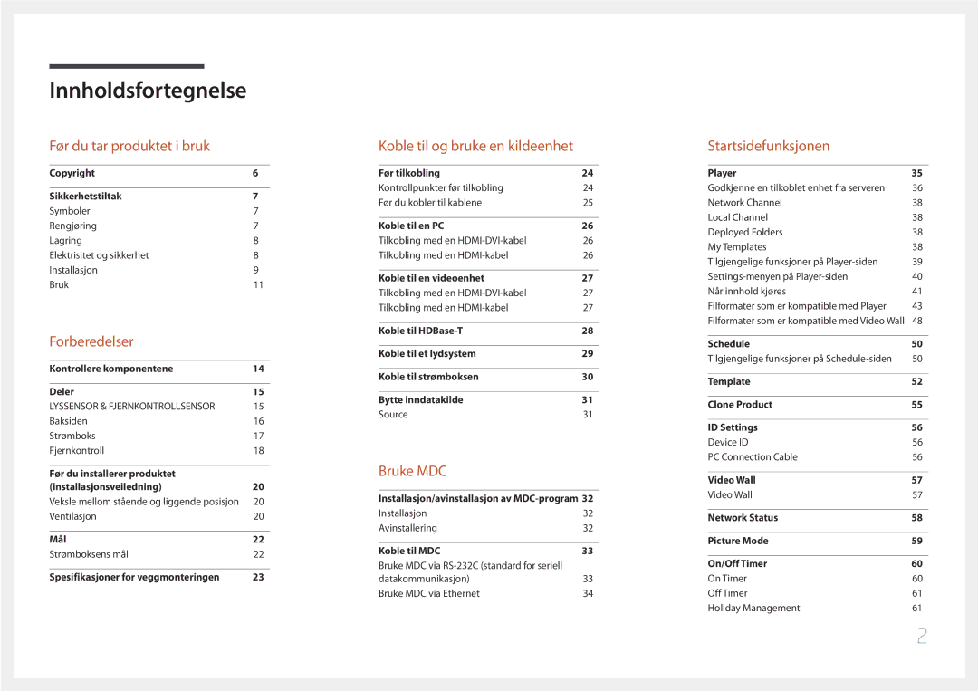 Samsung LH46OHDPKBC/XU, LH55OHDPKBC/EN, LH46OHDPKBC/EN manual Innholdsfortegnelse 