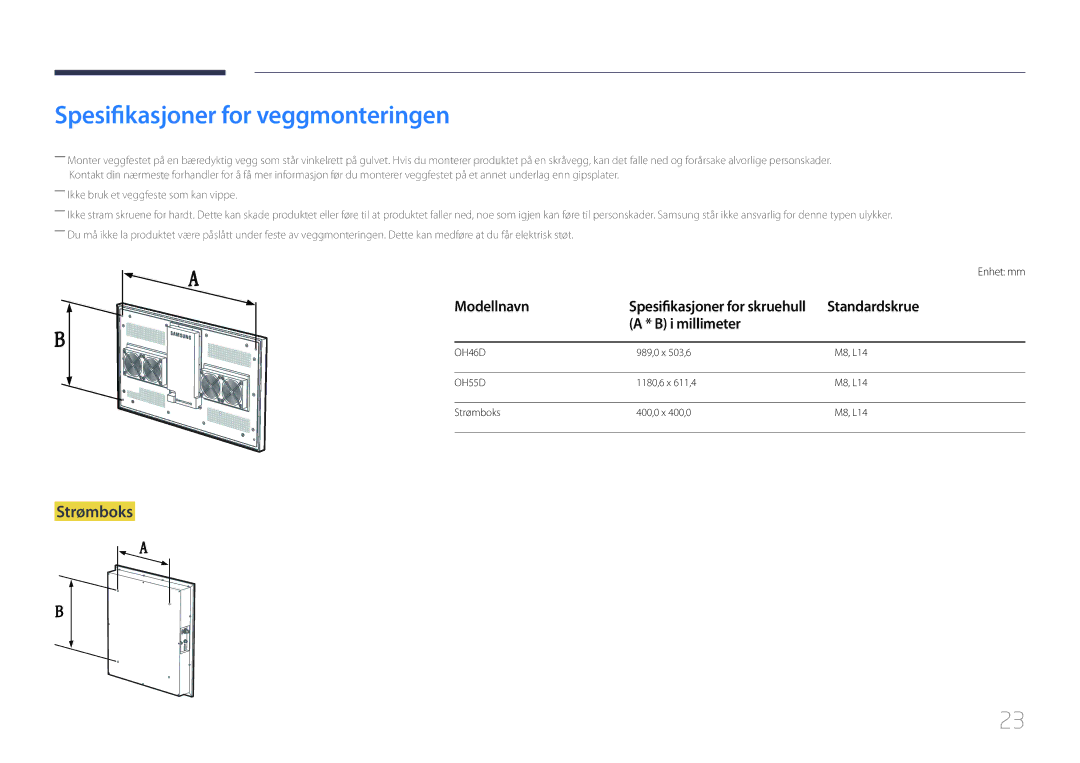 Samsung LH46OHDPKBC/XU manual Spesifikasjoner for veggmonteringen, Strømboks, Standardskrue, I millimeter, Enhet mm 