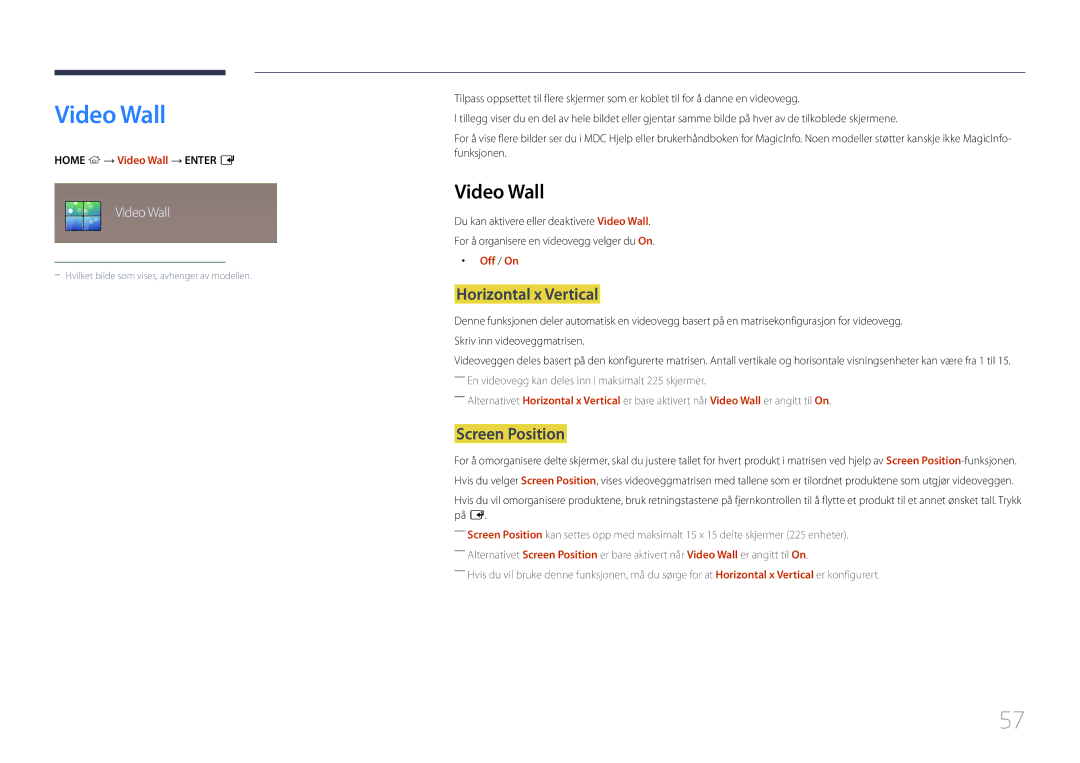 Samsung LH55OHDPKBC/EN, LH46OHDPKBC/EN, LH46OHDPKBC/XU manual Video Wall, Horizontal x Vertical, Screen Position 