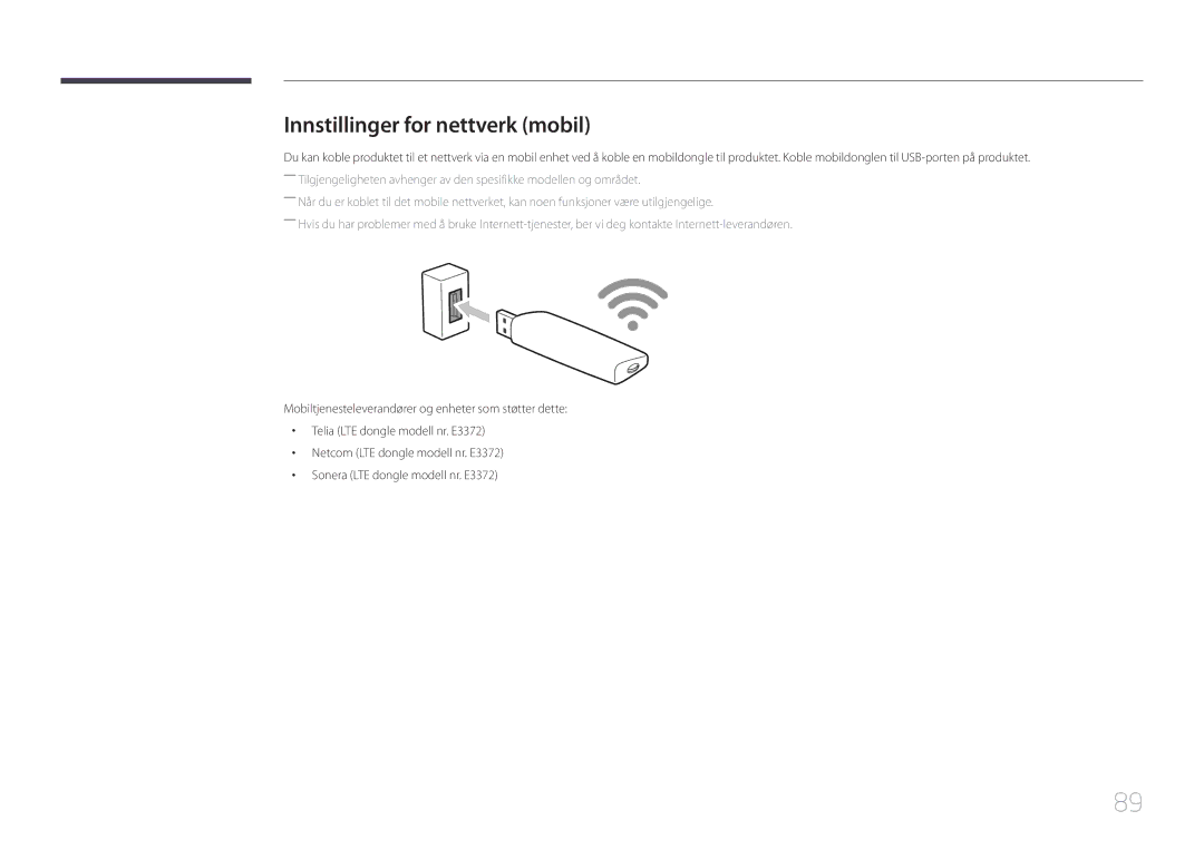 Samsung LH46OHDPKBC/XU, LH55OHDPKBC/EN, LH46OHDPKBC/EN manual Innstillinger for nettverk mobil 