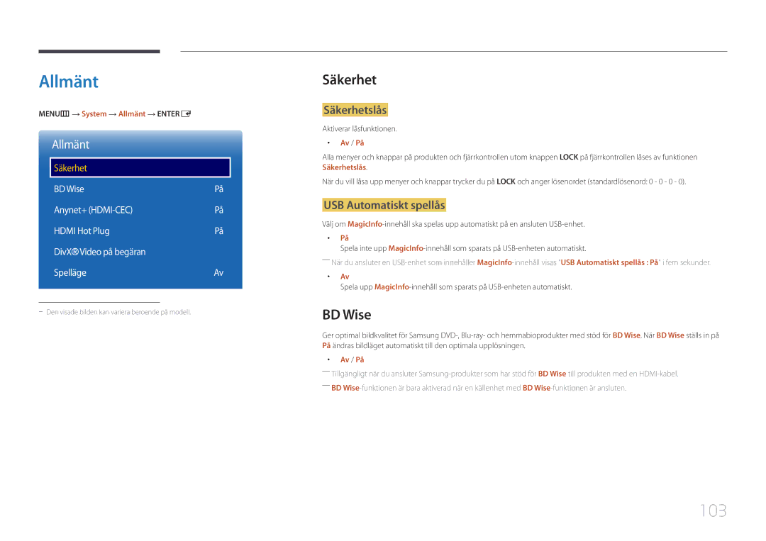 Samsung LH46OHDPKBC/EN, LH55OHDPKBC/EN, LH46OHDPKBC/XU manual Allmänt, 103, Säkerhet, BD Wise 