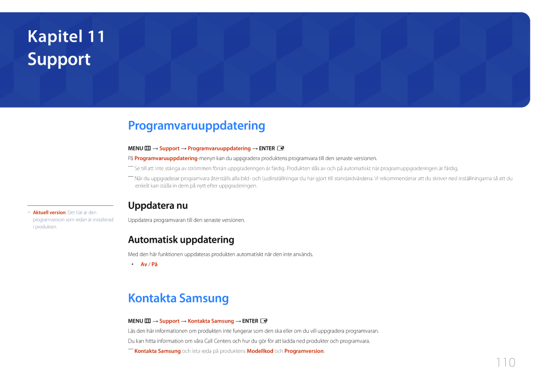 Samsung LH46OHDPKBC/XU, LH55OHDPKBC/EN, LH46OHDPKBC/EN manual Support, Programvaruuppdatering, Kontakta Samsung, 110 