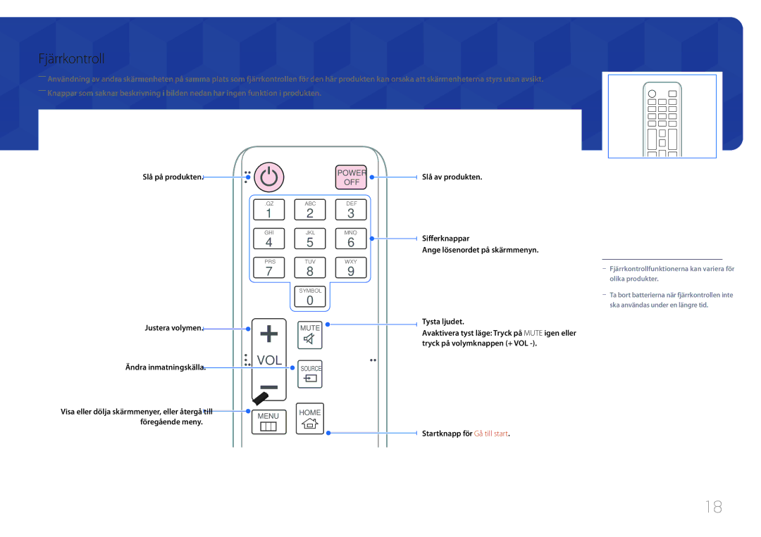 Samsung LH55OHDPKBC/EN, LH46OHDPKBC/EN manual Fjärrkontroll, Slå på produkten Justera volymen, Ändra inmatningskälla 