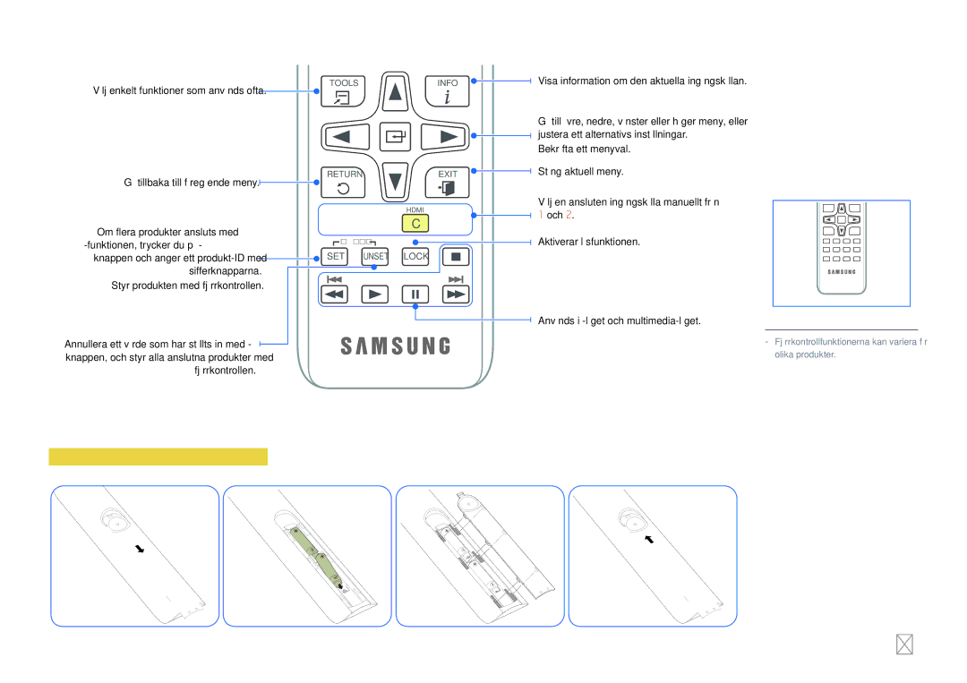 Samsung LH46OHDPKBC/EN manual Sätta i batterierna i fjärrkontrollen, Visa information om den aktuella ingångskällan 