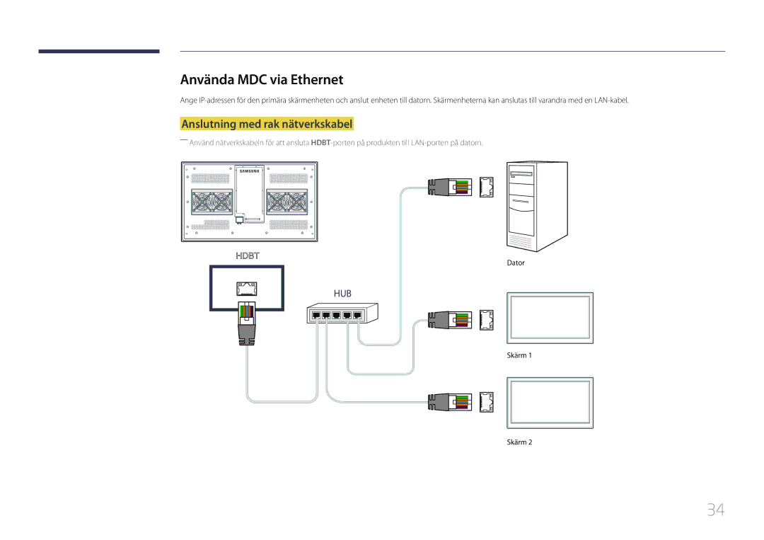 Samsung LH46OHDPKBC/EN, LH55OHDPKBC/EN, LH46OHDPKBC/XU manual Använda MDC via Ethernet, Anslutning med rak nätverkskabel 