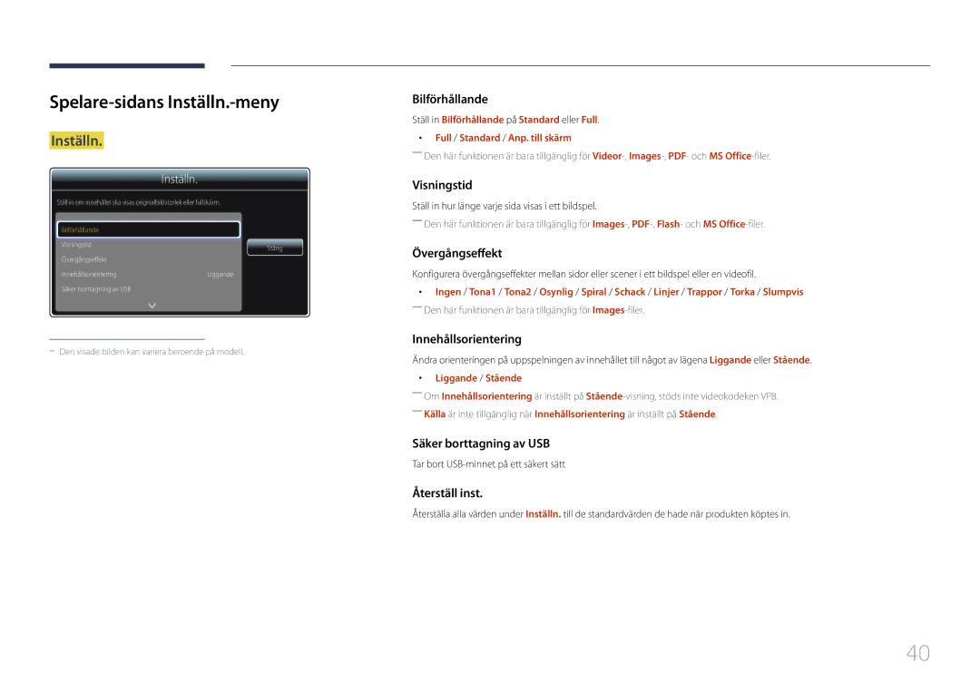 Samsung LH46OHDPKBC/EN, LH55OHDPKBC/EN, LH46OHDPKBC/XU manual Spelare-sidans Inställn.-meny, Liggande / Stående 