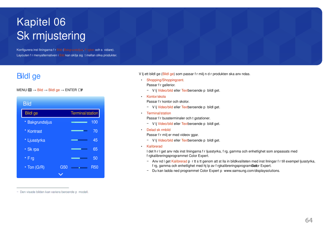 Samsung LH46OHDPKBC/EN, LH55OHDPKBC/EN, LH46OHDPKBC/XU manual Skärmjustering, Menu m → Bild → Bildläge → Enter E 