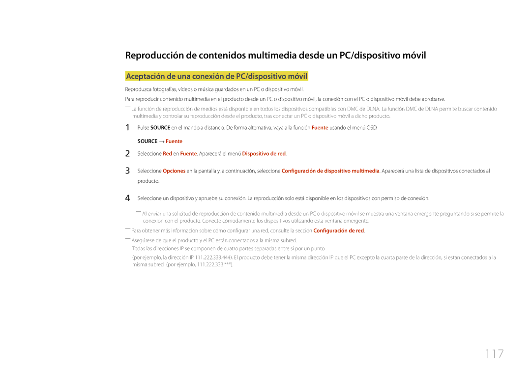 Samsung LH46OHDPKBC/EN, LH55OHDPKBC/EN manual 117, Aceptación de una conexión de PC/dispositivo móvil 