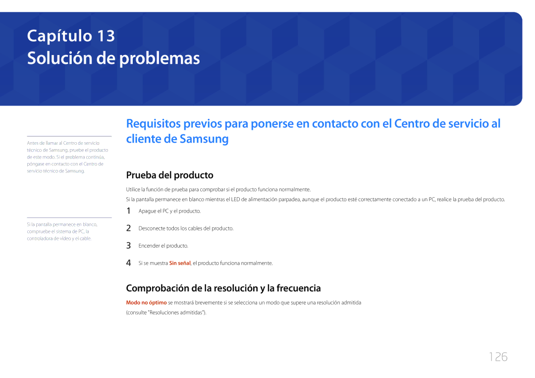 Samsung LH55OHDPKBC/EN Solución de problemas, 126, Prueba del producto, Comprobación de la resolución y la frecuencia 