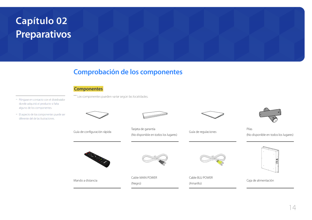 Samsung LH55OHDPKBC/EN, LH46OHDPKBC/EN manual Preparativos, Comprobación de los componentes, Componentes 