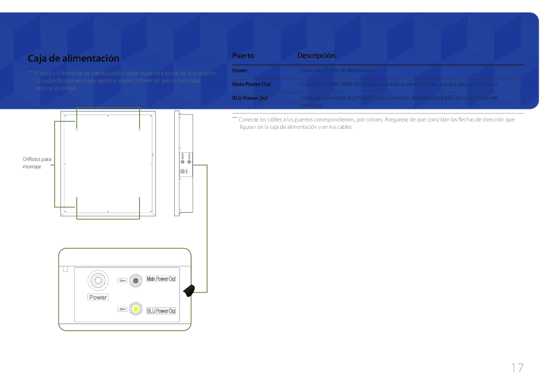 Samsung LH46OHDPKBC/EN, LH55OHDPKBC/EN manual Caja de alimentación, Main Power Out, BLU Power Out 