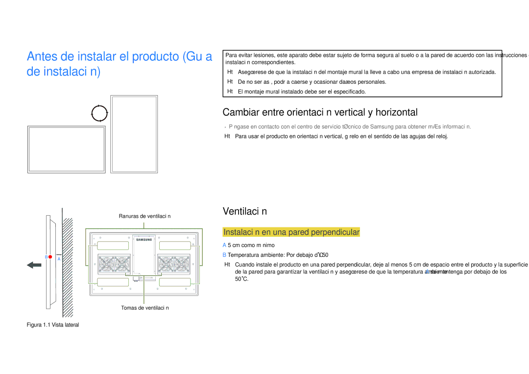 Samsung LH55OHDPKBC/EN Antes de instalar el producto Guía de instalación, Cambiar entre orientación vertical y horizontal 