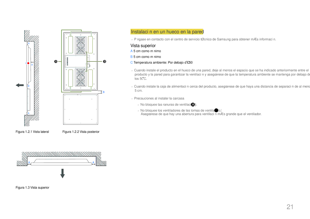 Samsung LH46OHDPKBC/EN, LH55OHDPKBC/EN manual Instalación en un hueco en la pared, Vista superior 