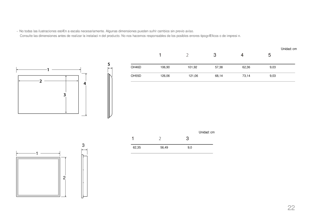 Samsung LH55OHDPKBC/EN, LH46OHDPKBC/EN manual Dimensiones de la caja de alimentación, Nombre del Modelo, Unidad cm 