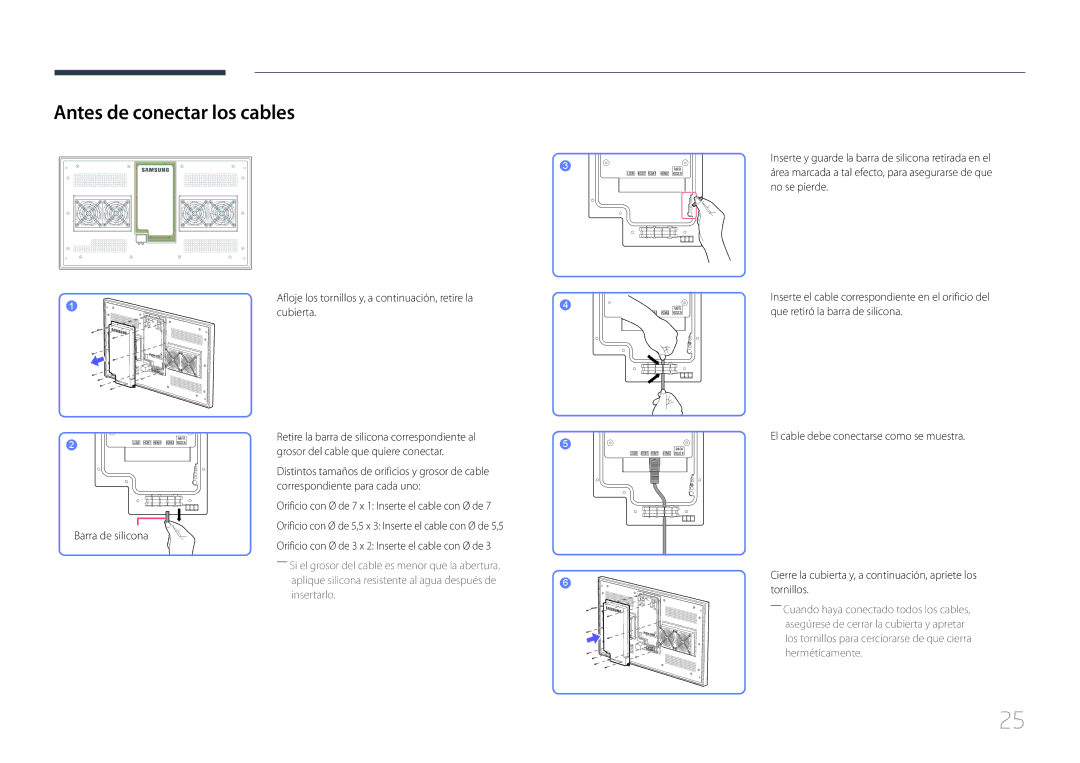 Samsung LH46OHDPKBC/EN manual Antes de conectar los cables, Afloje los tornillos y, a continuación, retire la cubierta 