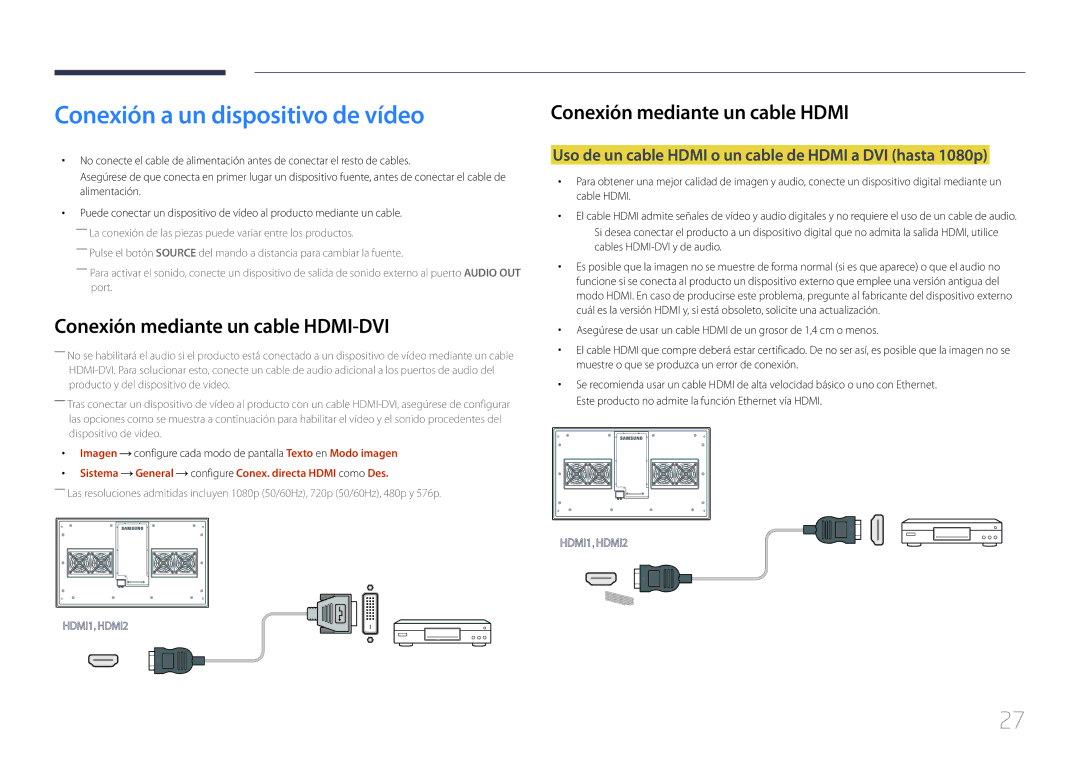 Samsung LH46OHDPKBC/EN manual Conexión a un dispositivo de vídeo, Uso de un cable Hdmi o un cable de Hdmi a DVI hasta 1080p 