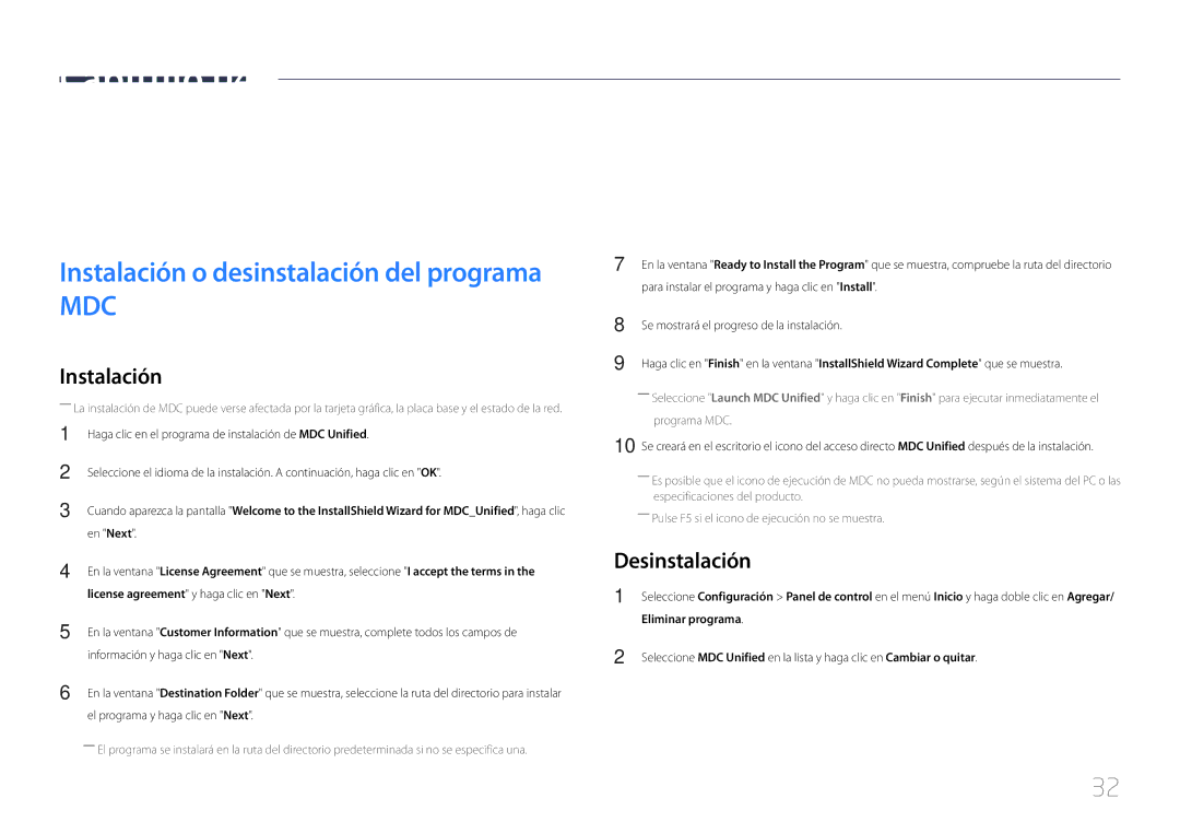 Samsung LH55OHDPKBC/EN, LH46OHDPKBC/EN manual Uso de MDC, Desinstalación, Eliminar programa 