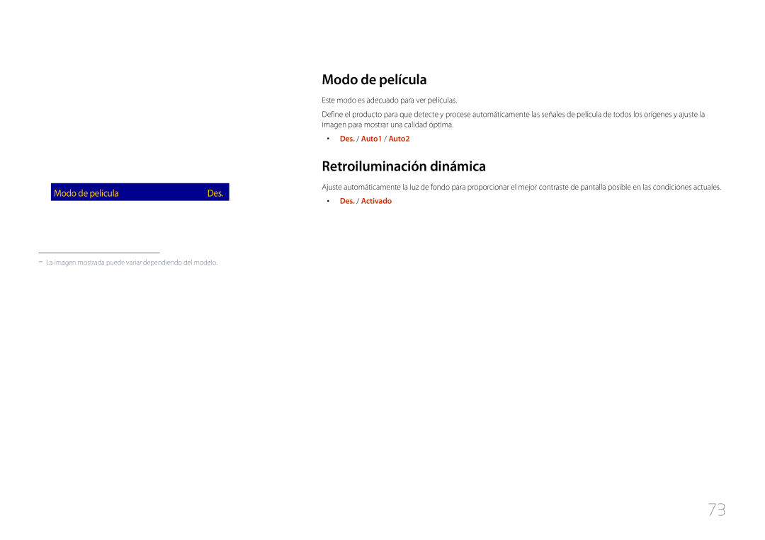 Samsung LH46OHDPKBC/EN, LH55OHDPKBC/EN manual Modo de película, Retroiluminación dinámica Des, Des. / Auto1 / Auto2 
