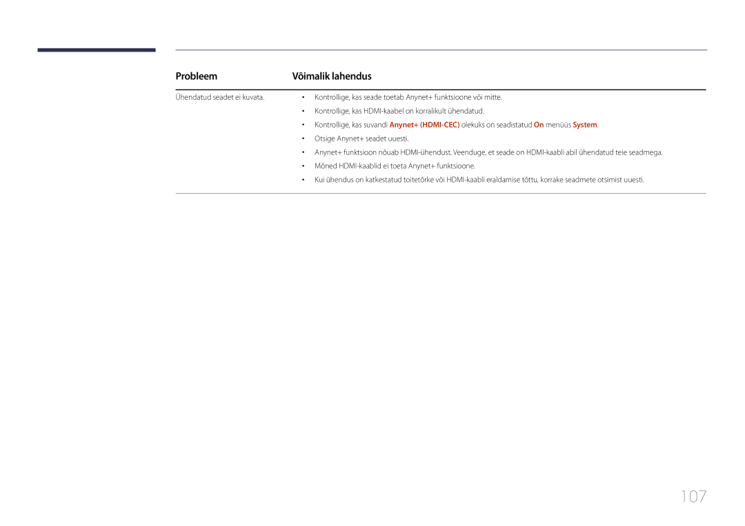 Samsung LH46OHDPKBC/EN, LH55OHDPKBC/EN manual 107, Mõned HDMI-kaablid ei toeta Anynet+ funktsioone 
