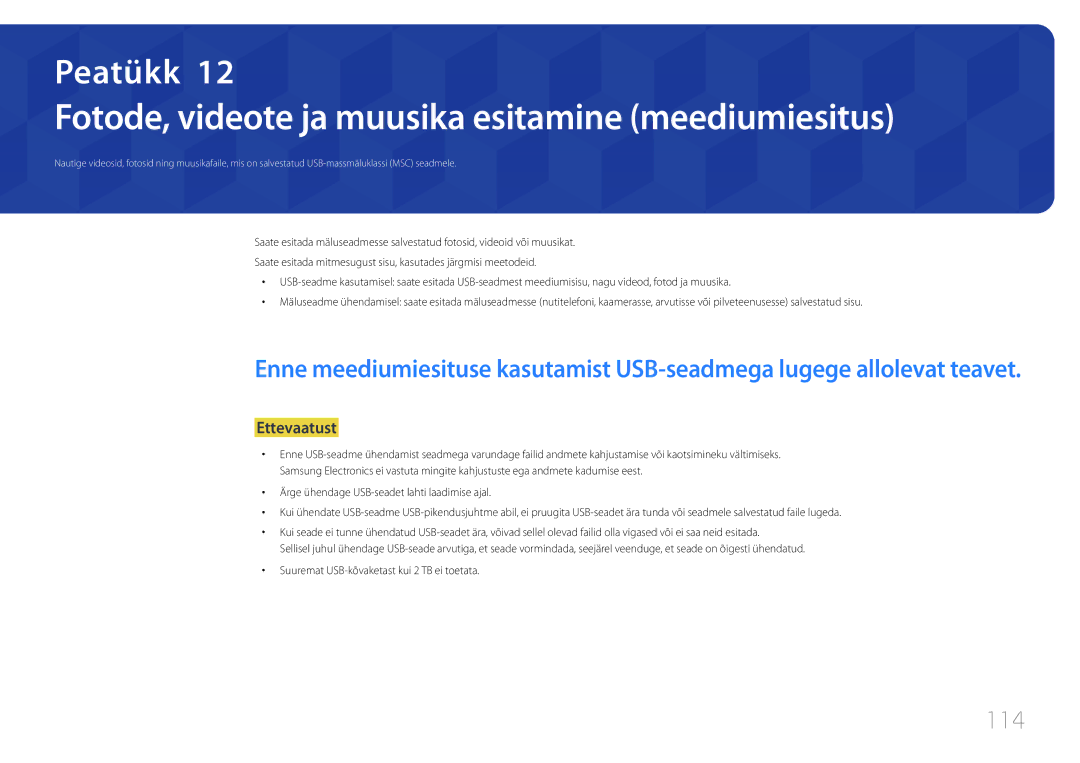 Samsung LH55OHDPKBC/EN, LH46OHDPKBC/EN manual Fotode, videote ja muusika esitamine meediumiesitus, 114 