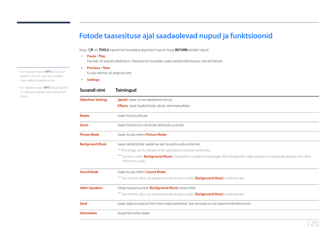 Samsung LH55OHDPKBC/EN, LH46OHDPKBC/EN manual Fotode taasesituse ajal saadaolevad nupud ja funktsioonid, 120 