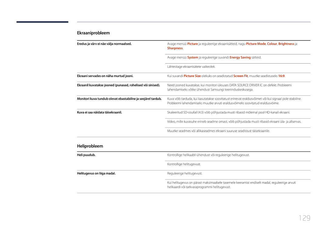 Samsung LH46OHDPKBC/EN, LH55OHDPKBC/EN manual 129, Heliprobleem, Sharpness 