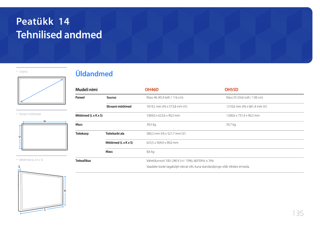 Samsung LH46OHDPKBC/EN, LH55OHDPKBC/EN manual Tehnilised andmed, Üldandmed, 135 