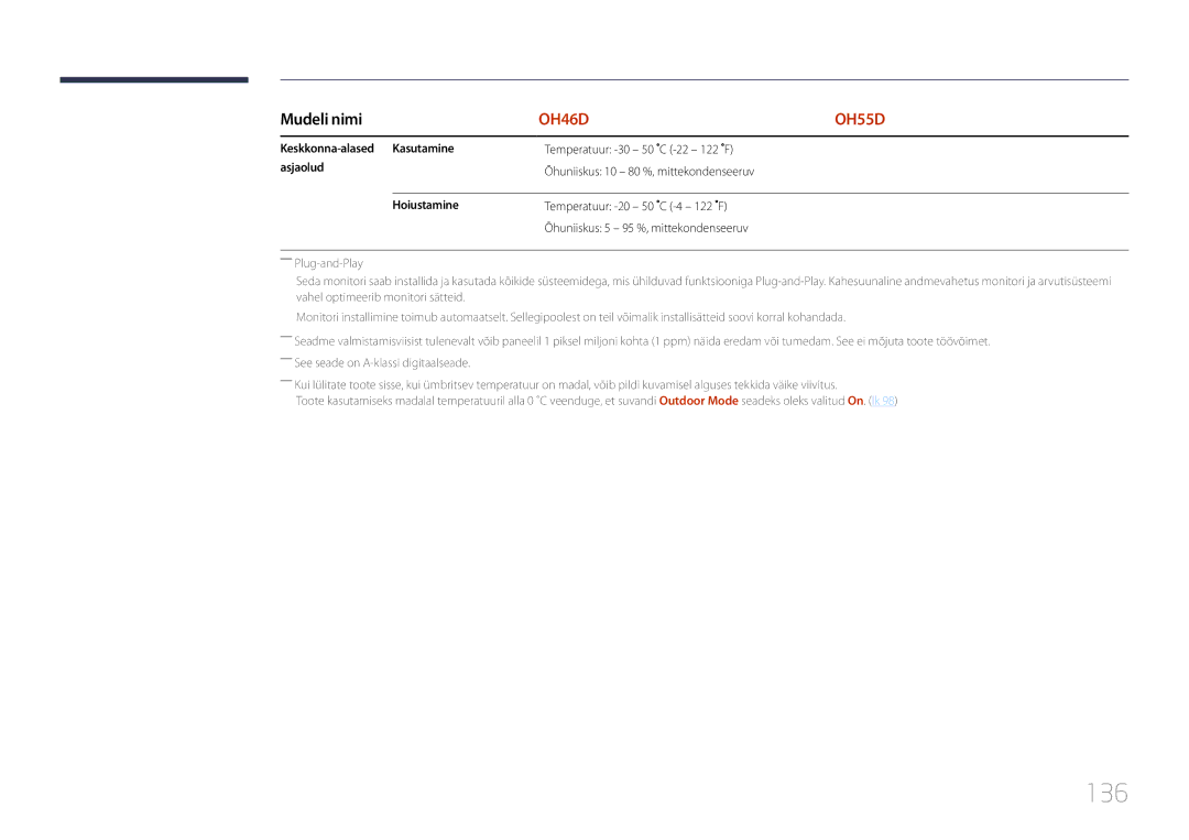 Samsung LH55OHDPKBC/EN, LH46OHDPKBC/EN manual 136, Keskkonna-alased Kasutamine, Asjaolud, Hoiustamine 