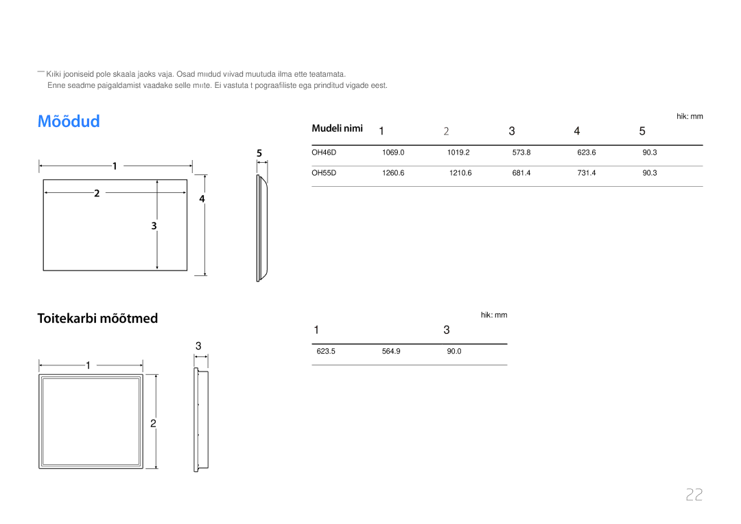 Samsung LH55OHDPKBC/EN, LH46OHDPKBC/EN manual Mõõdud, Toitekarbi mõõtmed, Mudeli nimi, Ühik mm 