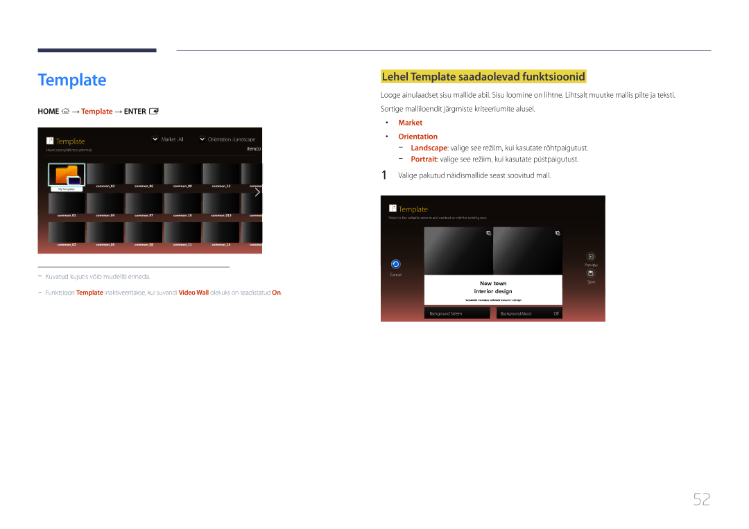 Samsung LH55OHDPKBC/EN manual Lehel Template saadaolevad funktsioonid, Home → Template → Enter E, Market, Orientation 