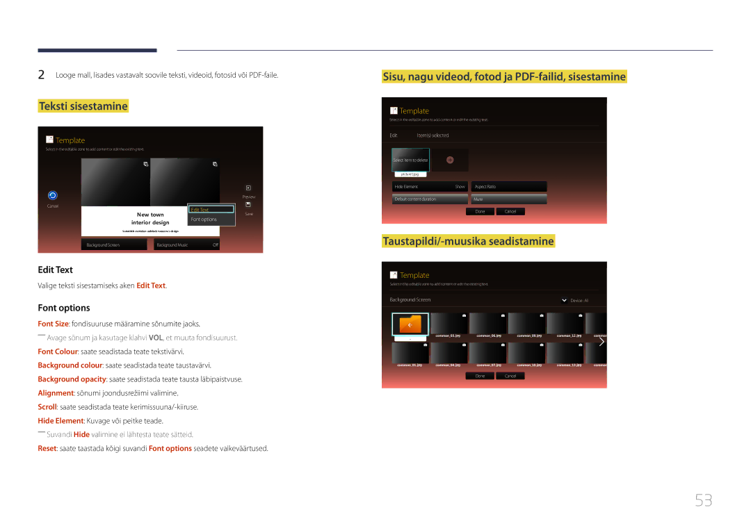 Samsung LH46OHDPKBC/EN Teksti sisestamine, Taustapildi/-muusika seadistamine, Valige teksti sisestamiseks aken Edit Text 