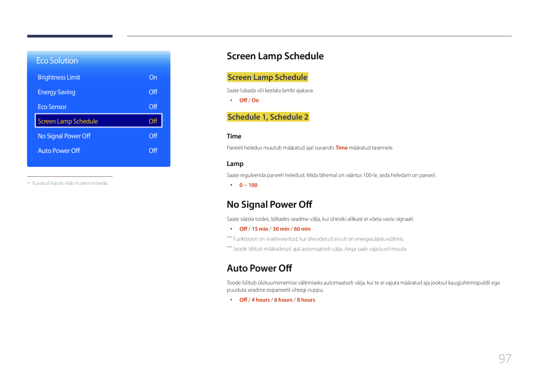 Samsung LH46OHDPKBC/EN, LH55OHDPKBC/EN Screen Lamp Schedule, No Signal Power Off, Auto Power Off, Schedule 1, Schedule 