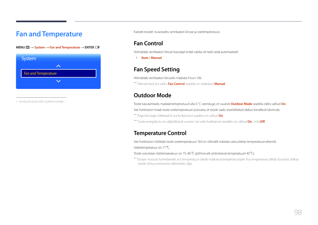 Samsung LH55OHDPKBC/EN manual Fan and Temperature, Fan Control, Fan Speed Setting, Outdoor Mode, Temperature Control 