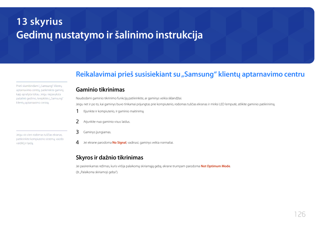 Samsung LH55OHDPKBC/EN Gedimų nustatymo ir šalinimo instrukcija, 126, Gaminio tikrinimas, Skyros ir dažnio tikrinimas 