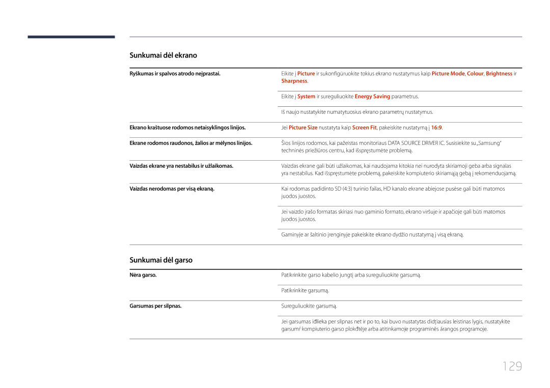 Samsung LH46OHDPKBC/EN, LH55OHDPKBC/EN manual 129, Sunkumai dėl garso, Sharpness 